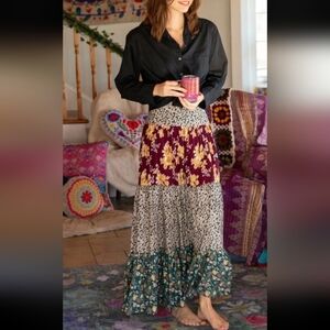 NATURAL LIFE Pink and Red Tiered Maxi Skirt Casual